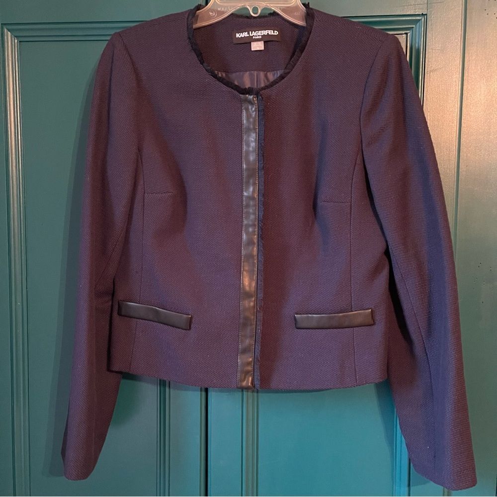 Karl Lagerfeld Paris Navy Tweed Blazer Fringe Faux Leather Trim Sz 10 Large
